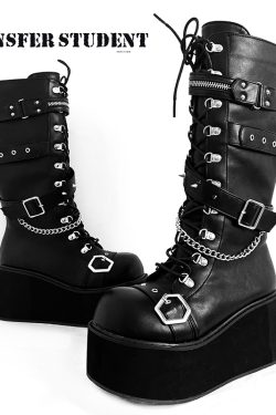 Y2K Original Punk Style Thick-Soled Knight Boots for Women - Round Toe Subculture Spicy Girl Footwear