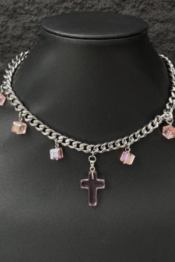 Y2K Pink Crystal Cross Necklace for Women, High-End Sweet Clavicle Chain, Cool Spicy Girl Neck Accessory