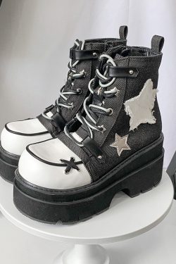 Y2K Punk Thick-Soled Denim Ankle Boots with Starry Sky Design - Round-Toe Martin Boot for Subculture Fashion