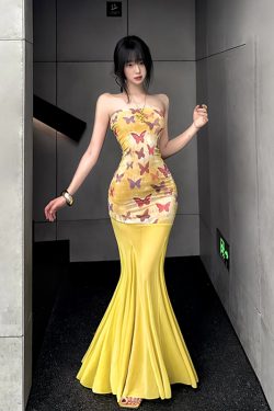 Yellow Butterfly Print Mesh Strapless Bodycon Dress for Women - Summer Beach Vacation Slim Fit Long Dress