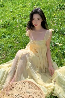 Yellow Chiffon Ruffled Strap Dress with Flying Sleeves - French Romantic Fairy Style Long Dress for Vacation