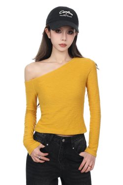 Yellow Off-Shoulder Long Sleeve T-Shirt for Women - Slim Fit Flattering Base Layer, Spring 2025 Korean Style Top