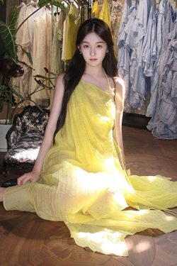 Yellow Ruffled Neck Halter Dress for Women - Summer Backless Split Strap Irregular Long Dress for Seaside Vacation Style