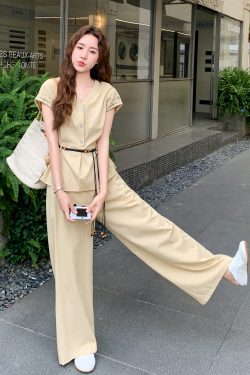 Yellow V-Neck Artistic Temperament Shirt & Wide-Leg Pants Set for Women, Slimming Summer 2025 Two-Piece Outfit, Trendy Style