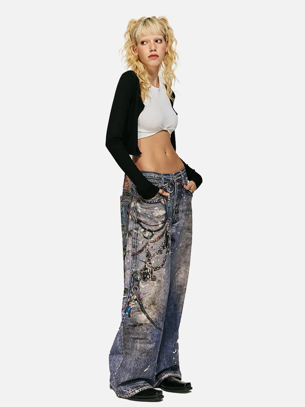 Concert Outfit 3D Digital Printed Chain Straight Jeans