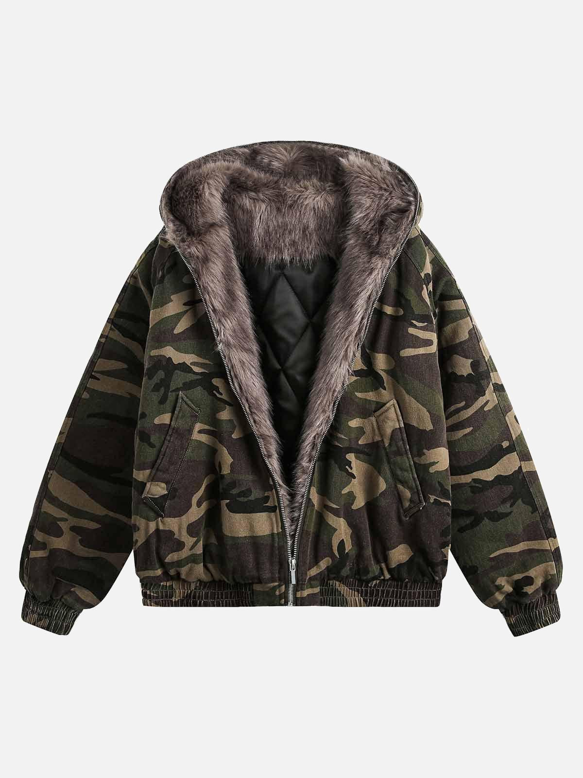 Concert Outfit Camouflage Fur Collar Hooded Quilted Jacket