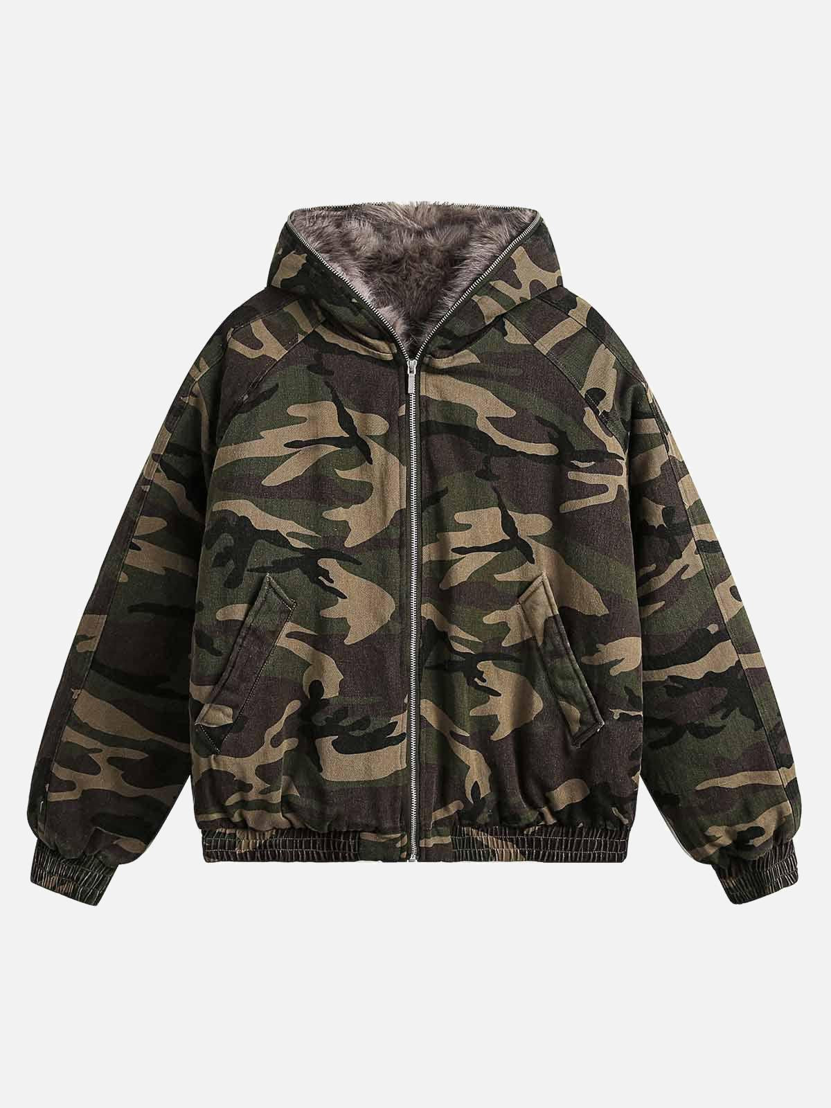 Concert Outfit Camouflage Fur Collar Hooded Quilted Jacket