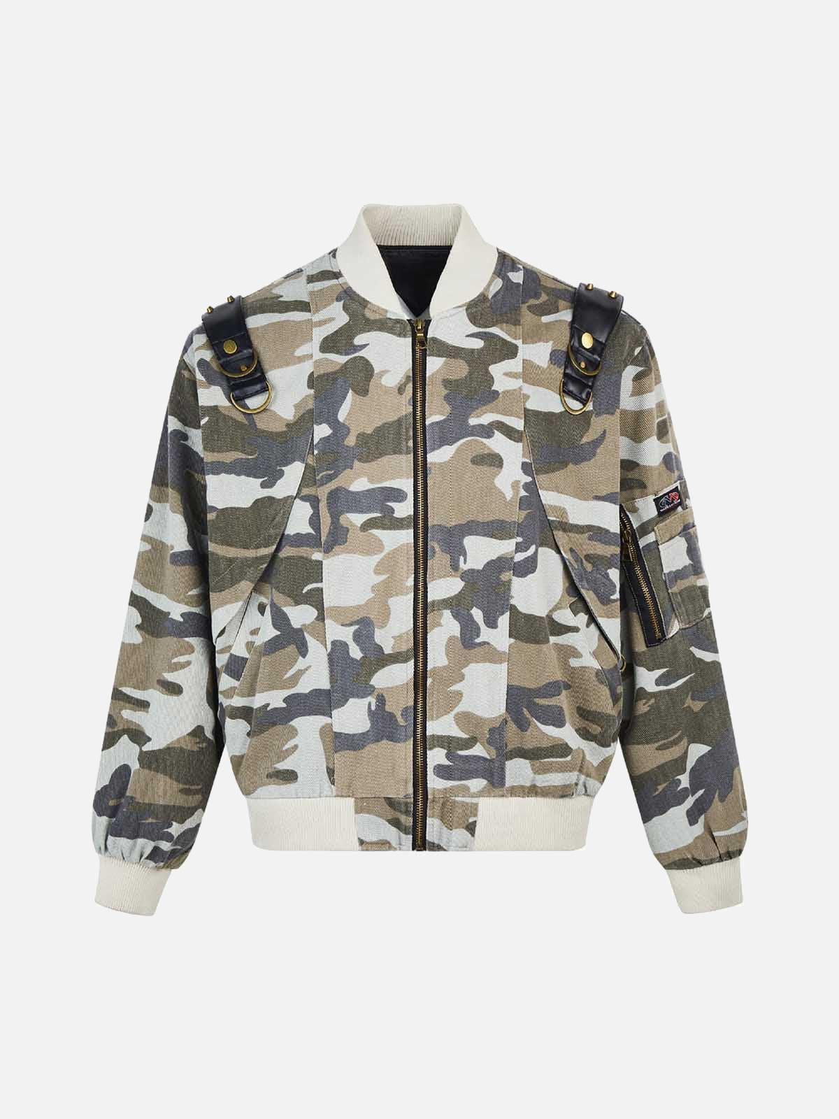 Concert Outfit Camouflage Leather Shoulder Pad Denim Bomber Jacket