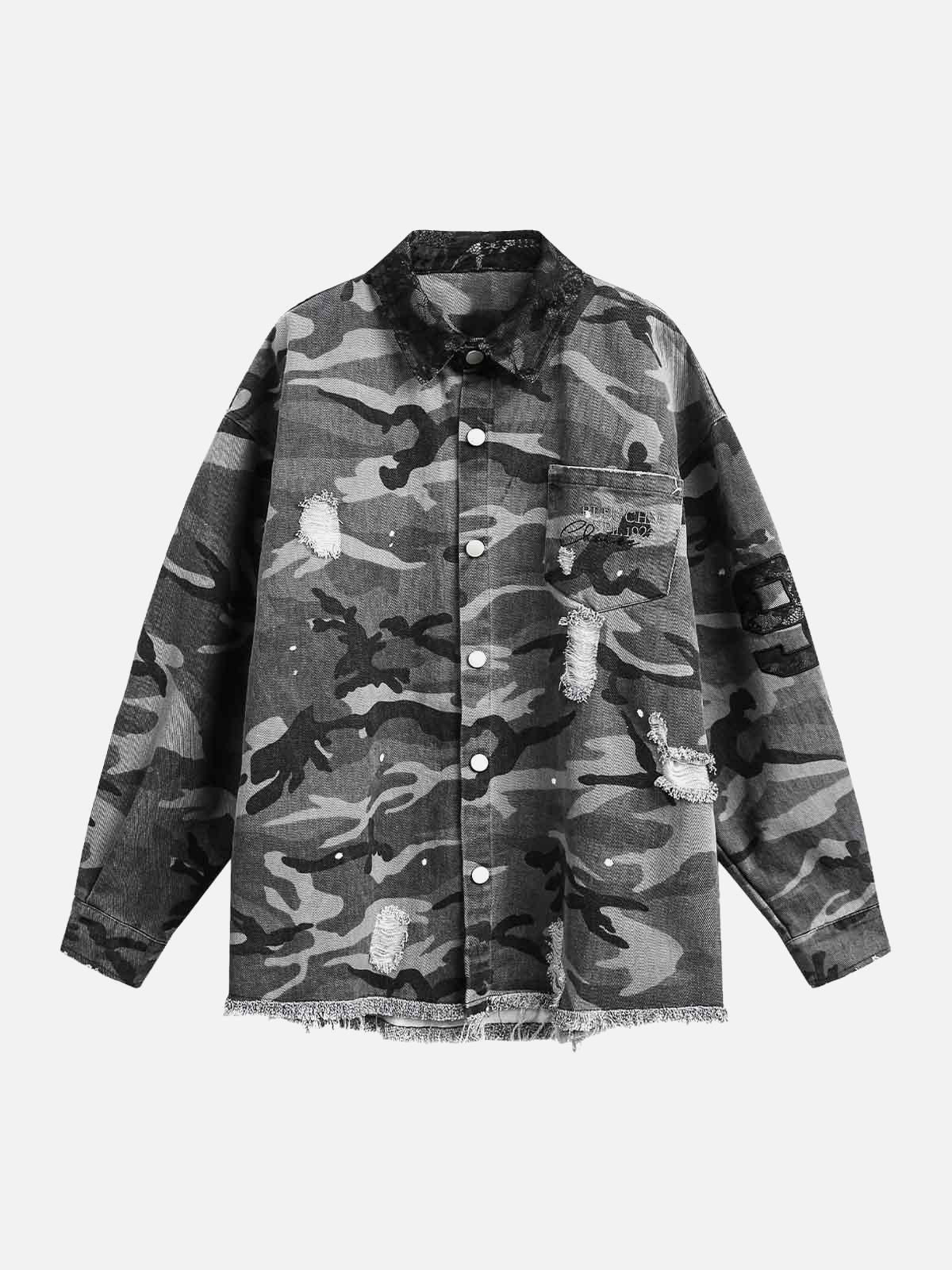 Concert Outfit Camouflage Ripped Lace Denim Shirt