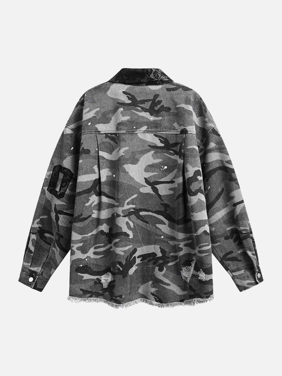 Concert Outfit Camouflage Ripped Lace Denim Shirt