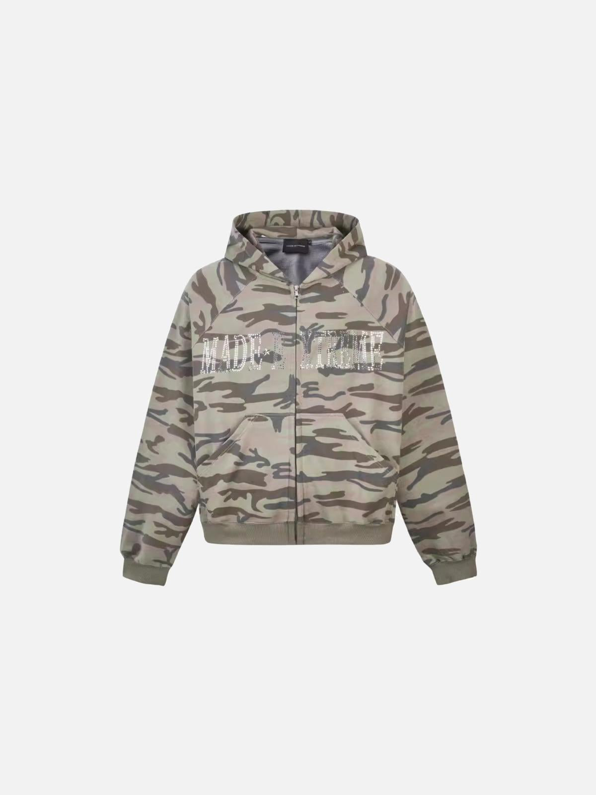 Concert Outfit Camouflage Sequin Letter Pattern Zipper Hoodie