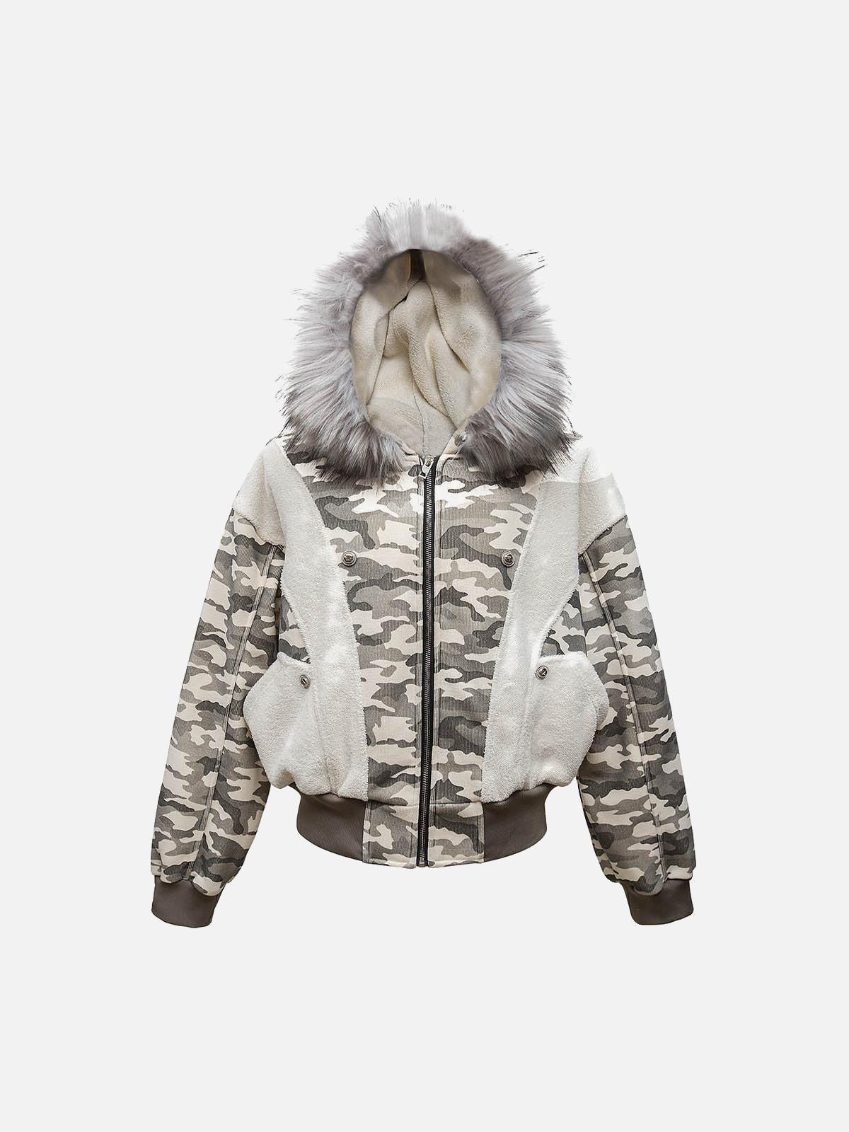 Concert Outfit Camouflage Spliced Fur Hooded Fleece Jacket