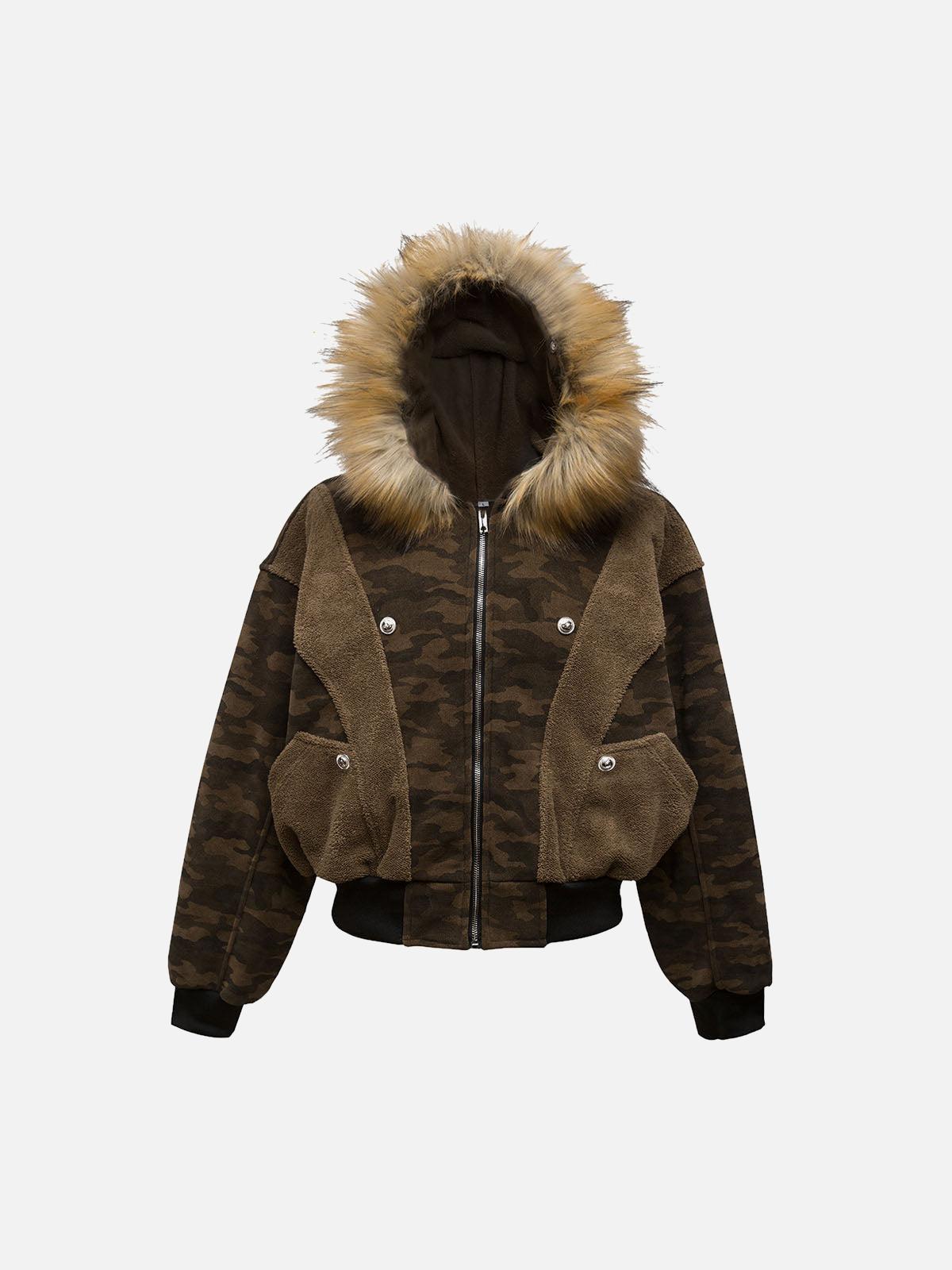 Concert Outfit Camouflage Spliced Fur Hooded Fleece Jacket
