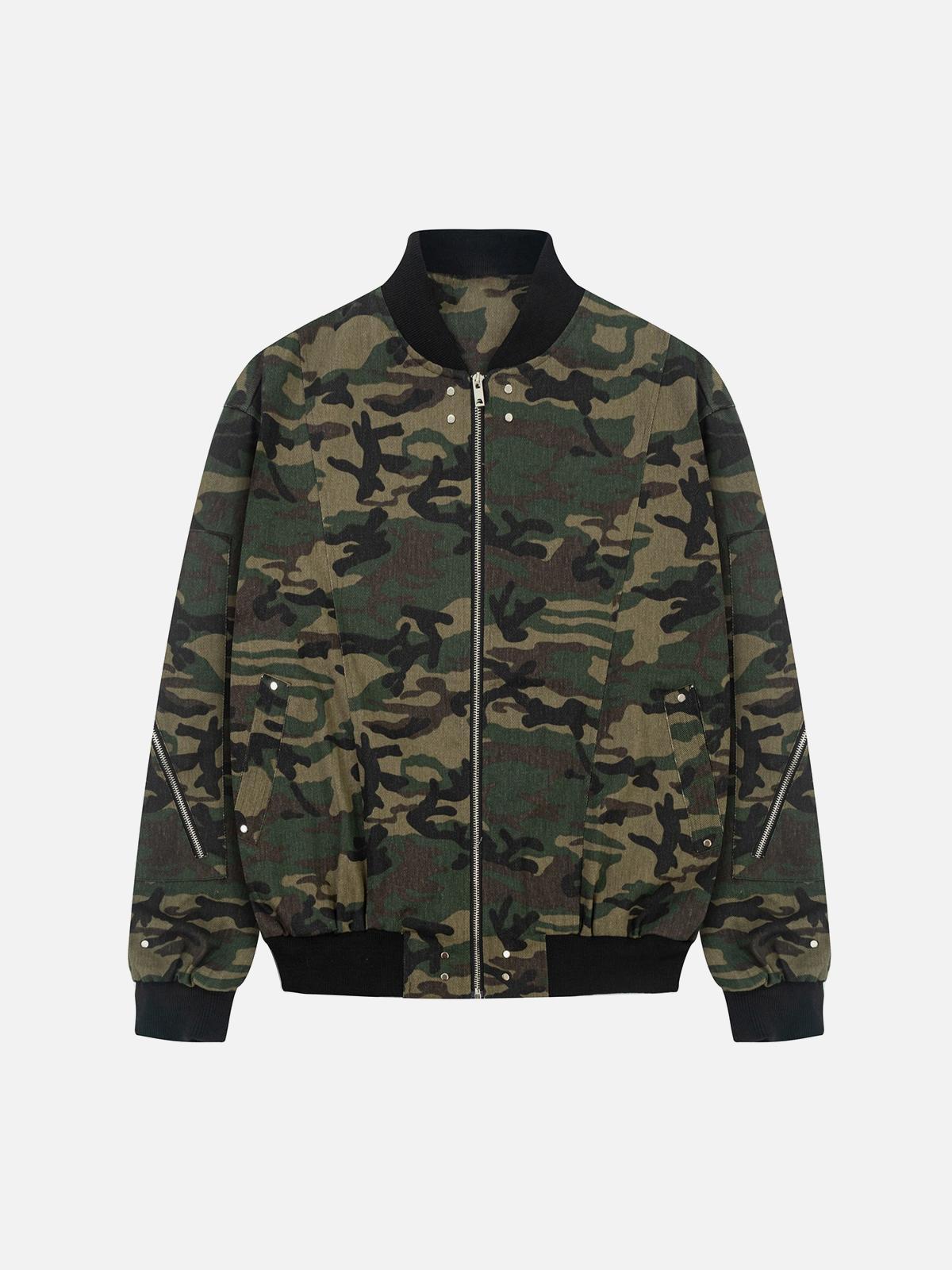 Concert Outfit Cargo Camouflage Multi Zipper Bomber Jacket