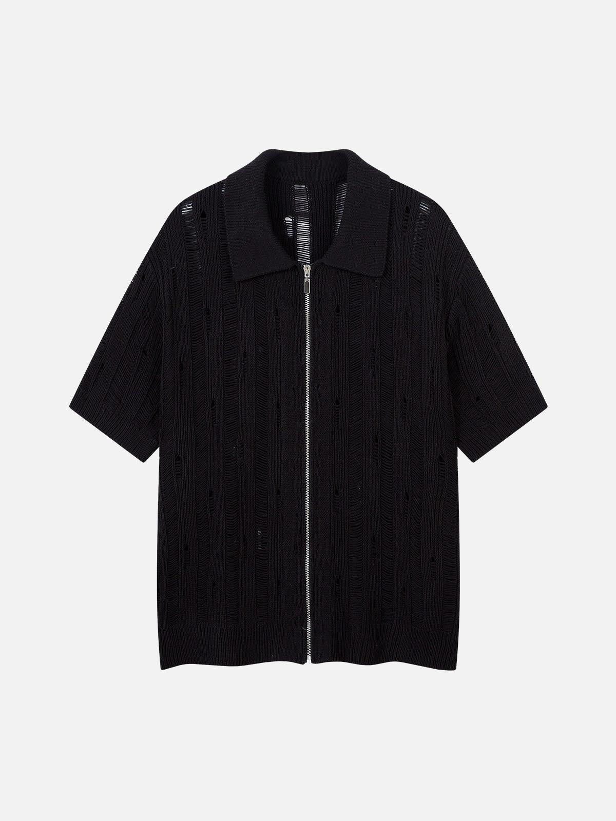 Concert Outfit Cleanfit Black Knit Zip-Up Short-Sleeve Shirt