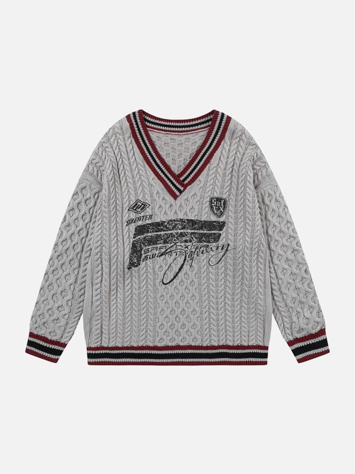 Concert Outfit Colorblock Lettering V-Neck Sweater
