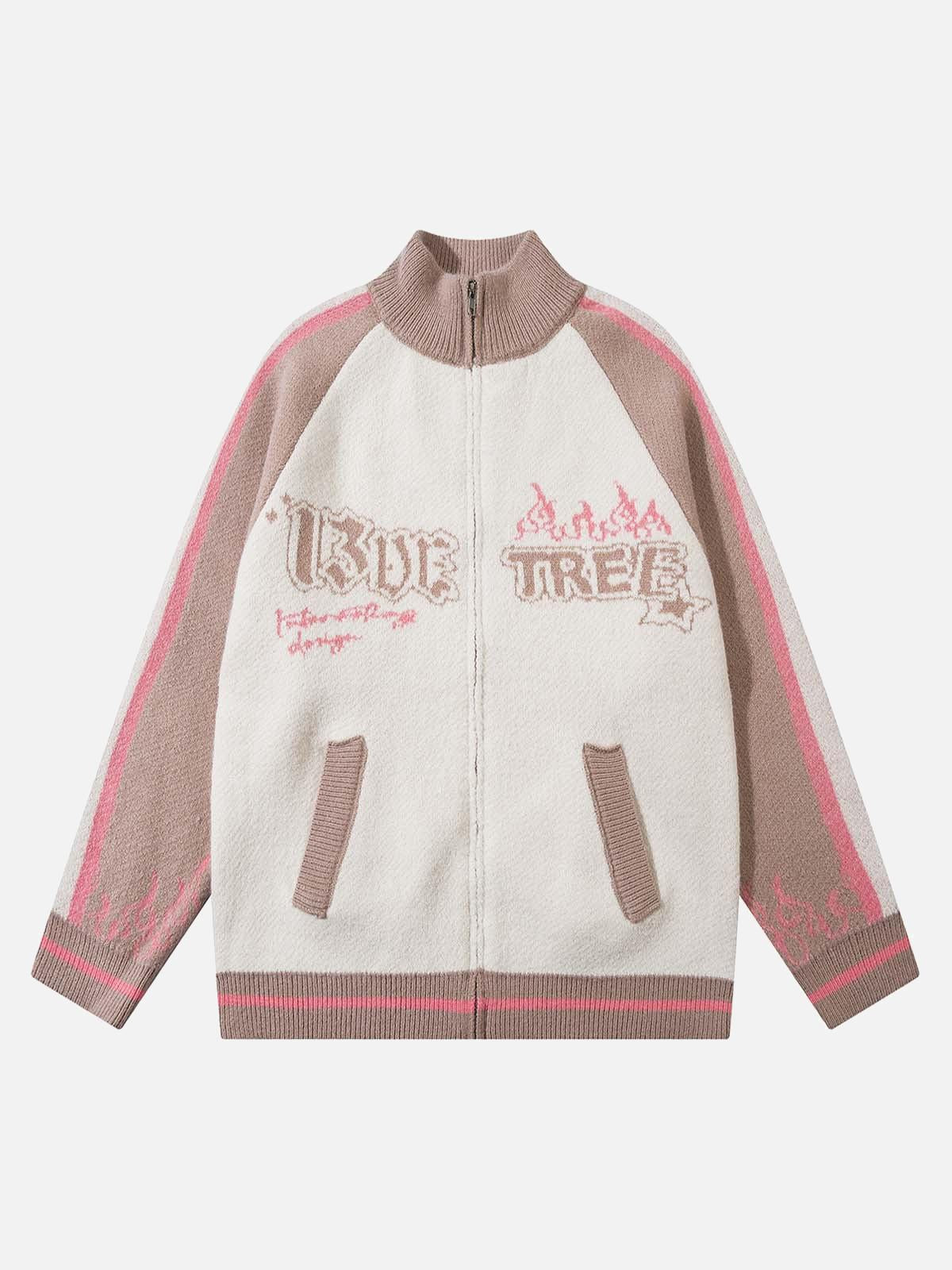 Concert Outfit Contrast Color Jacquard Mock Neck Zipper Sweater