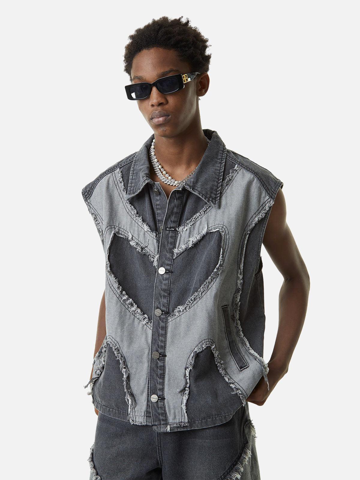 Concert Outfit Contrast Denim Heart Stitching Street Rap Vest