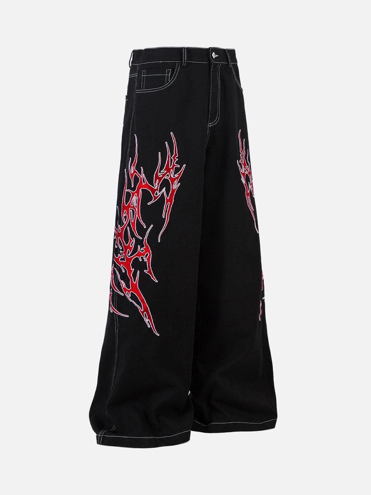 Concert Outfit Contrast Flame Embroidered Baggy Jeans