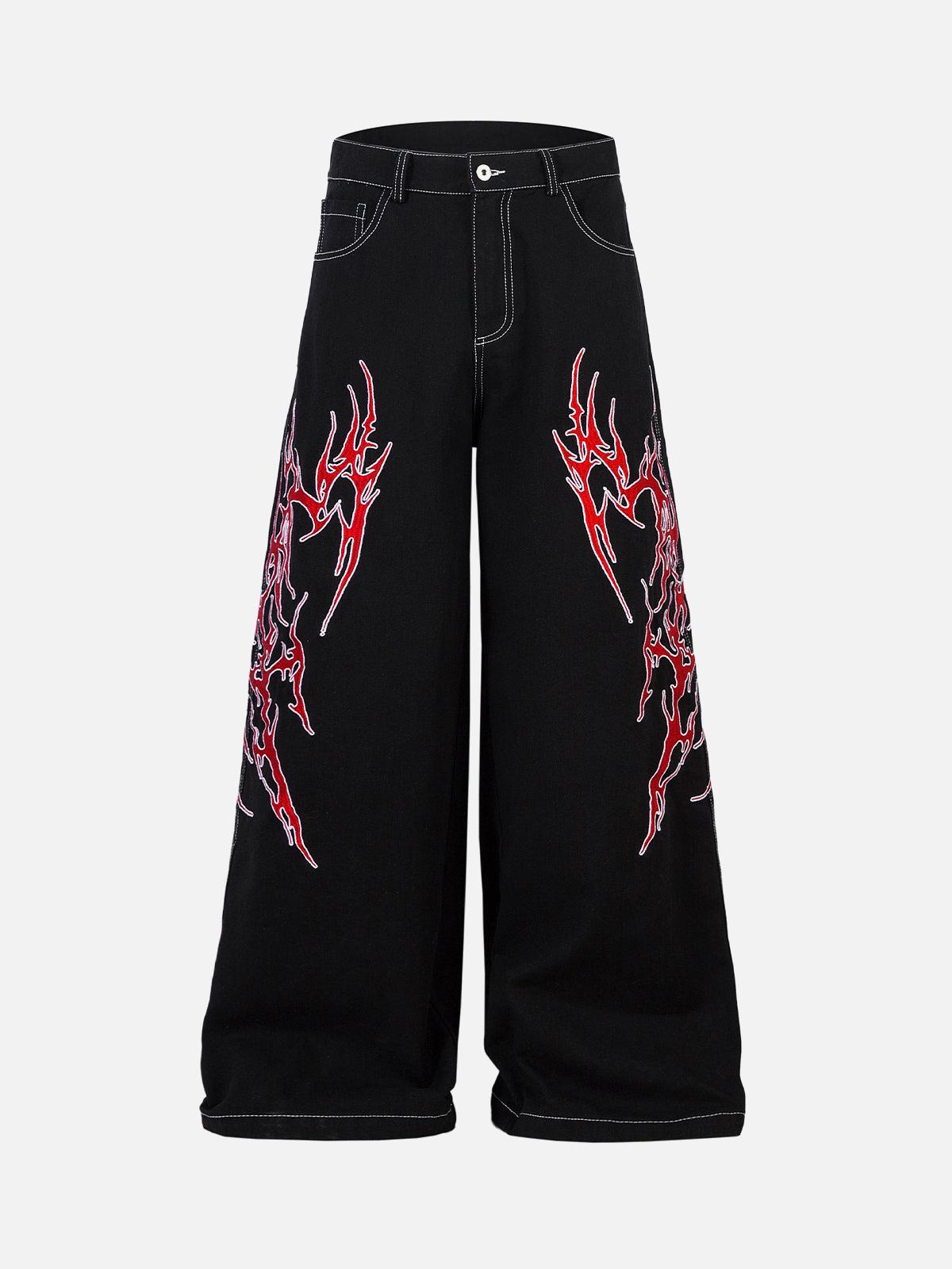 Concert Outfit Contrast Flame Embroidered Baggy Jeans