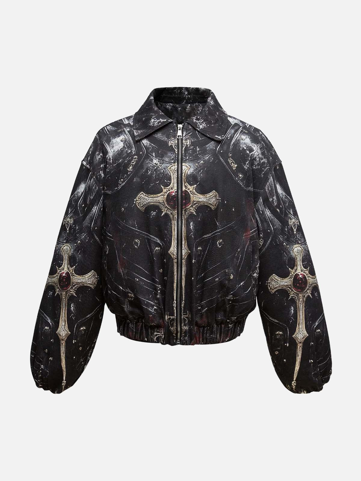 Concert Outfit Cross Printed Zip Up Quilted Bomber Jacket