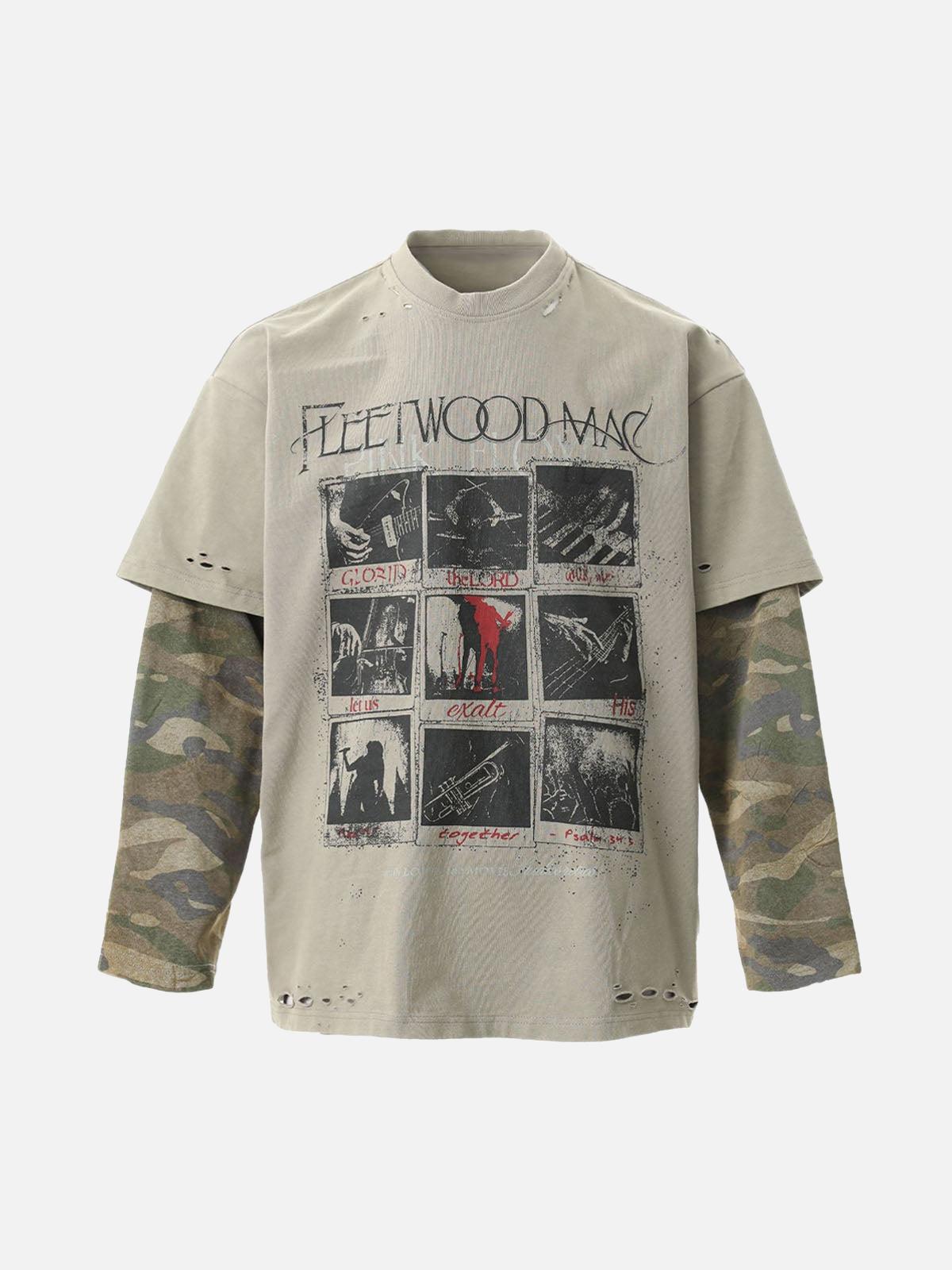 Concert Outfit Distressed Camouflage Faux Two-Piece Graphic T-Shirt