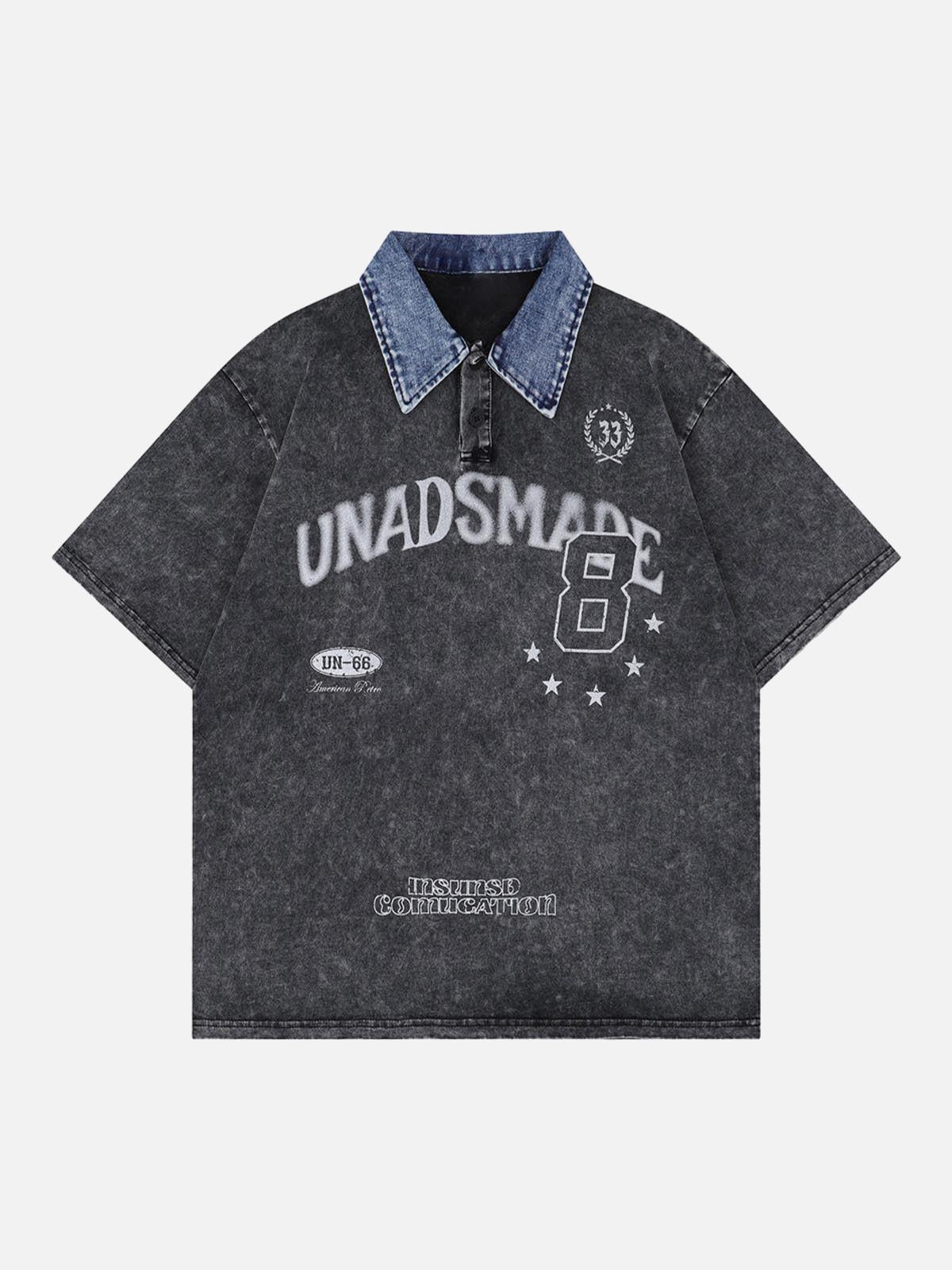 Concert Outfit Distressed Embroidered Denim Collar Polo Shirt