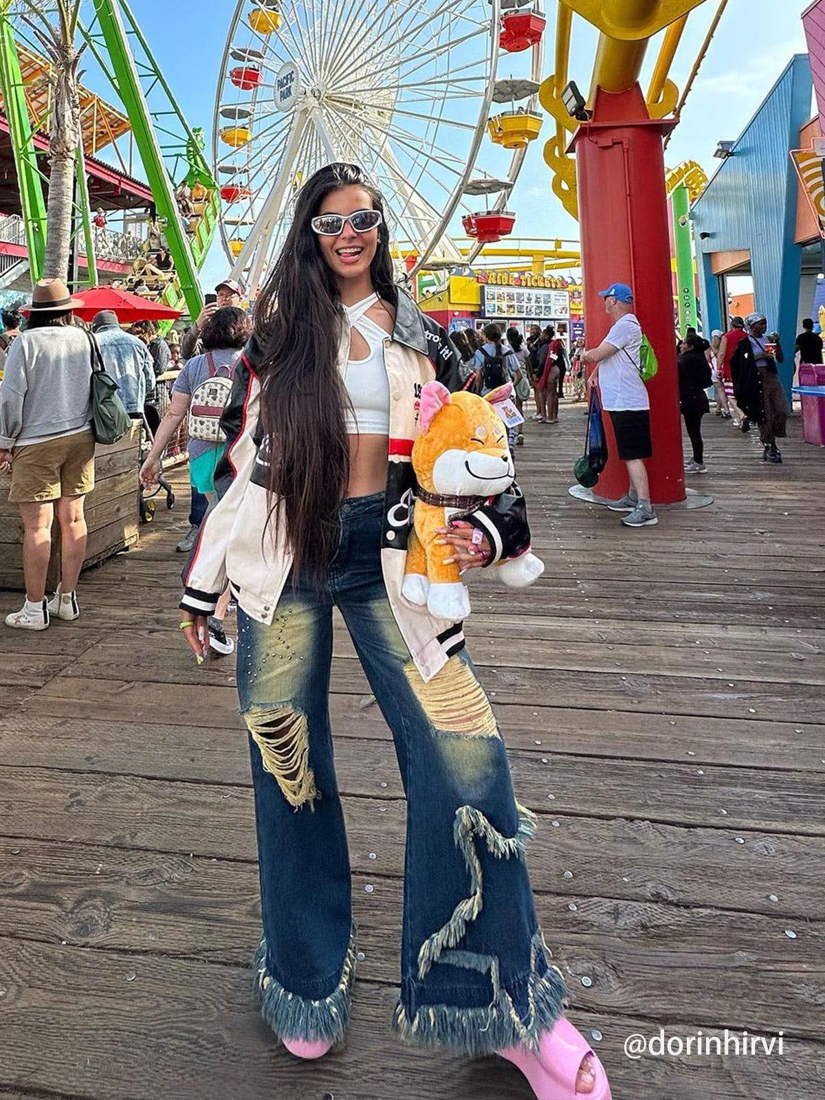 Concert Outfit Distressed Fringe Star Jeans
