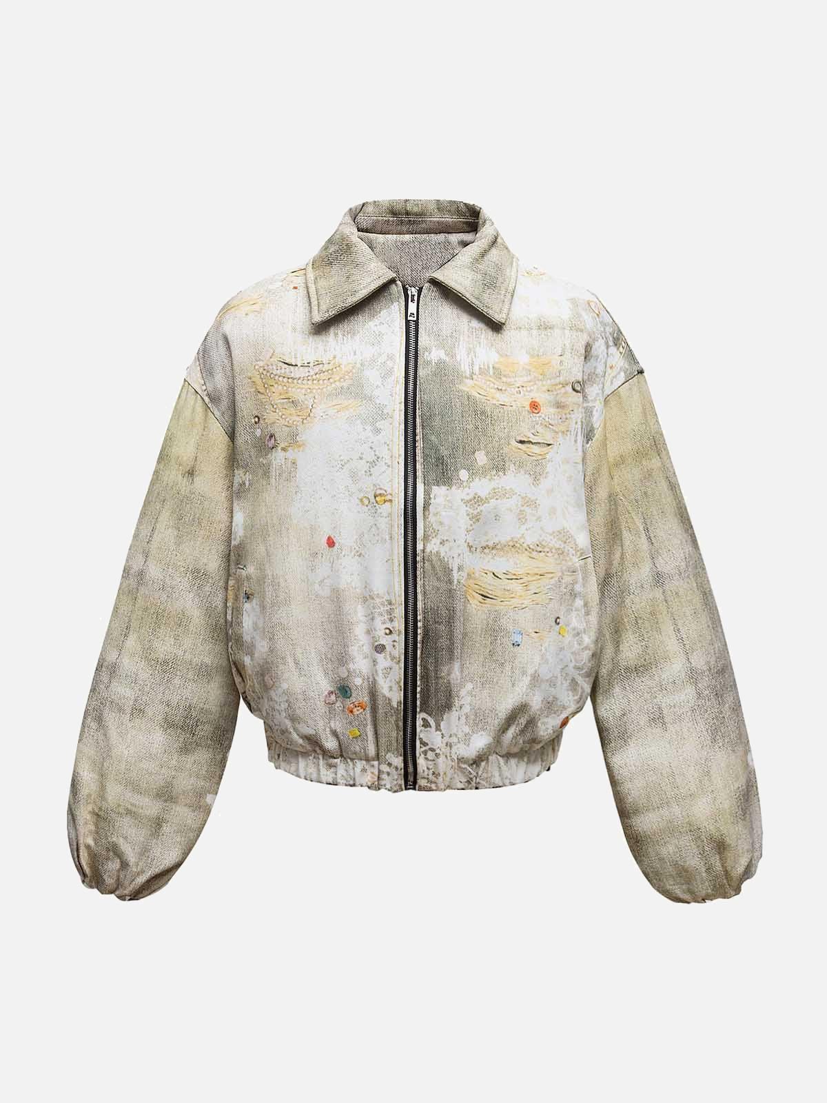 Concert Outfit Distressed Graffiti Gradient Quilted Bomber Jacket