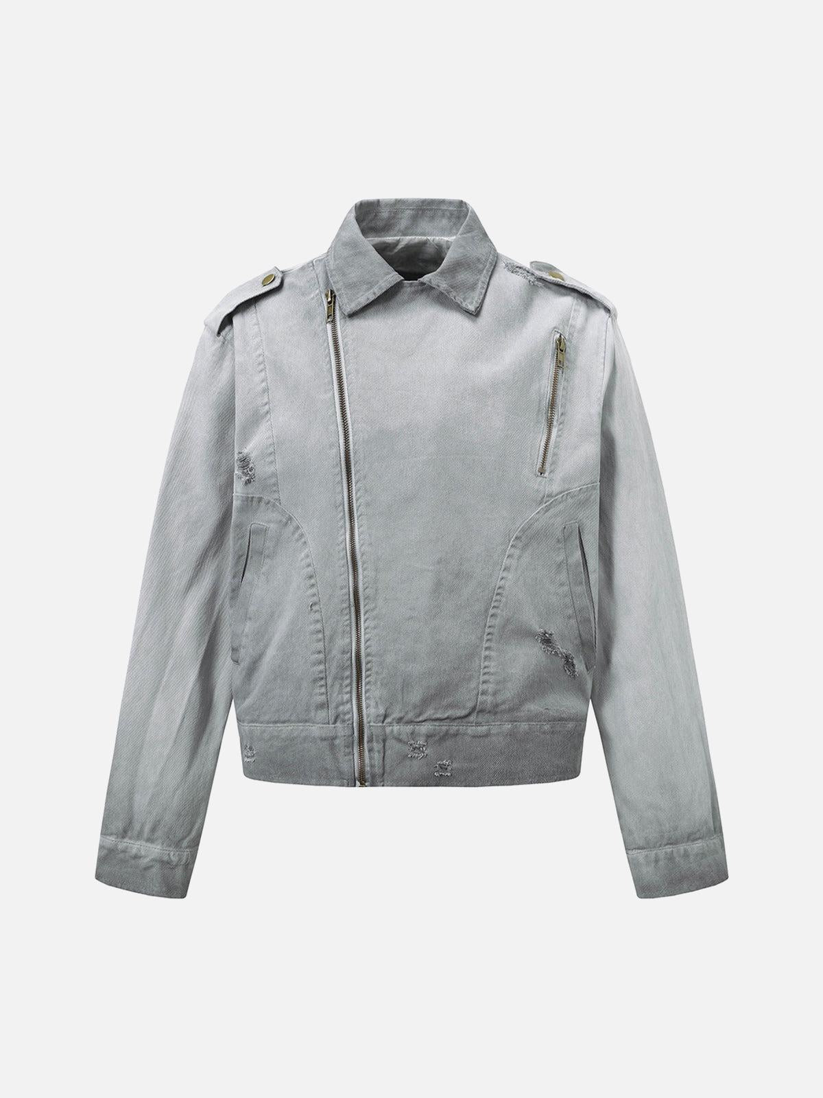 Concert Outfit Distressed Irregular Zip Up Denim Jacket