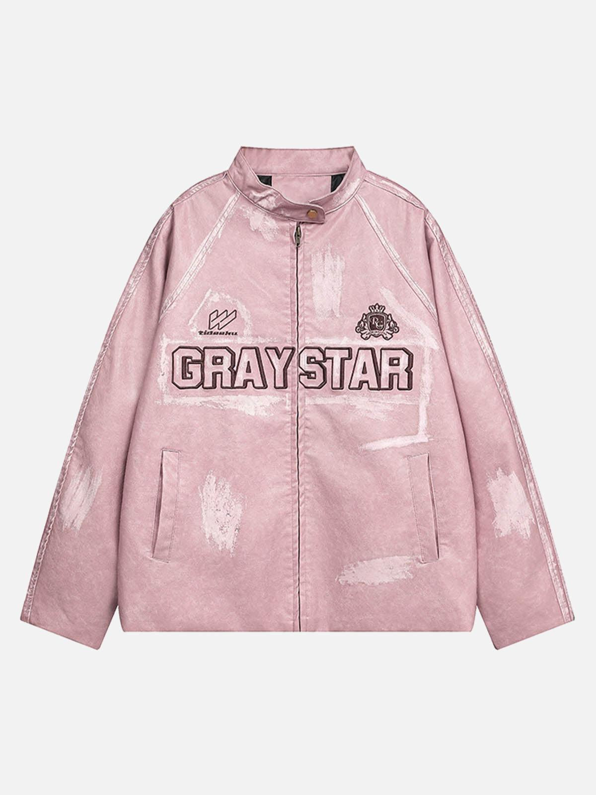 Concert Outfit Distressed Letter Embroidery Motorcycle PU Leather Jacket