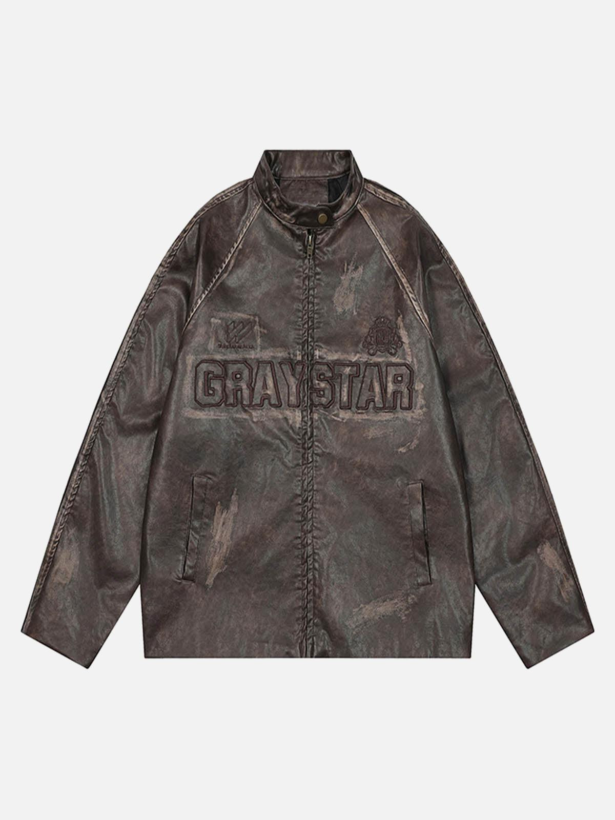 Concert Outfit Distressed Letter Embroidery Motorcycle PU Leather Jacket