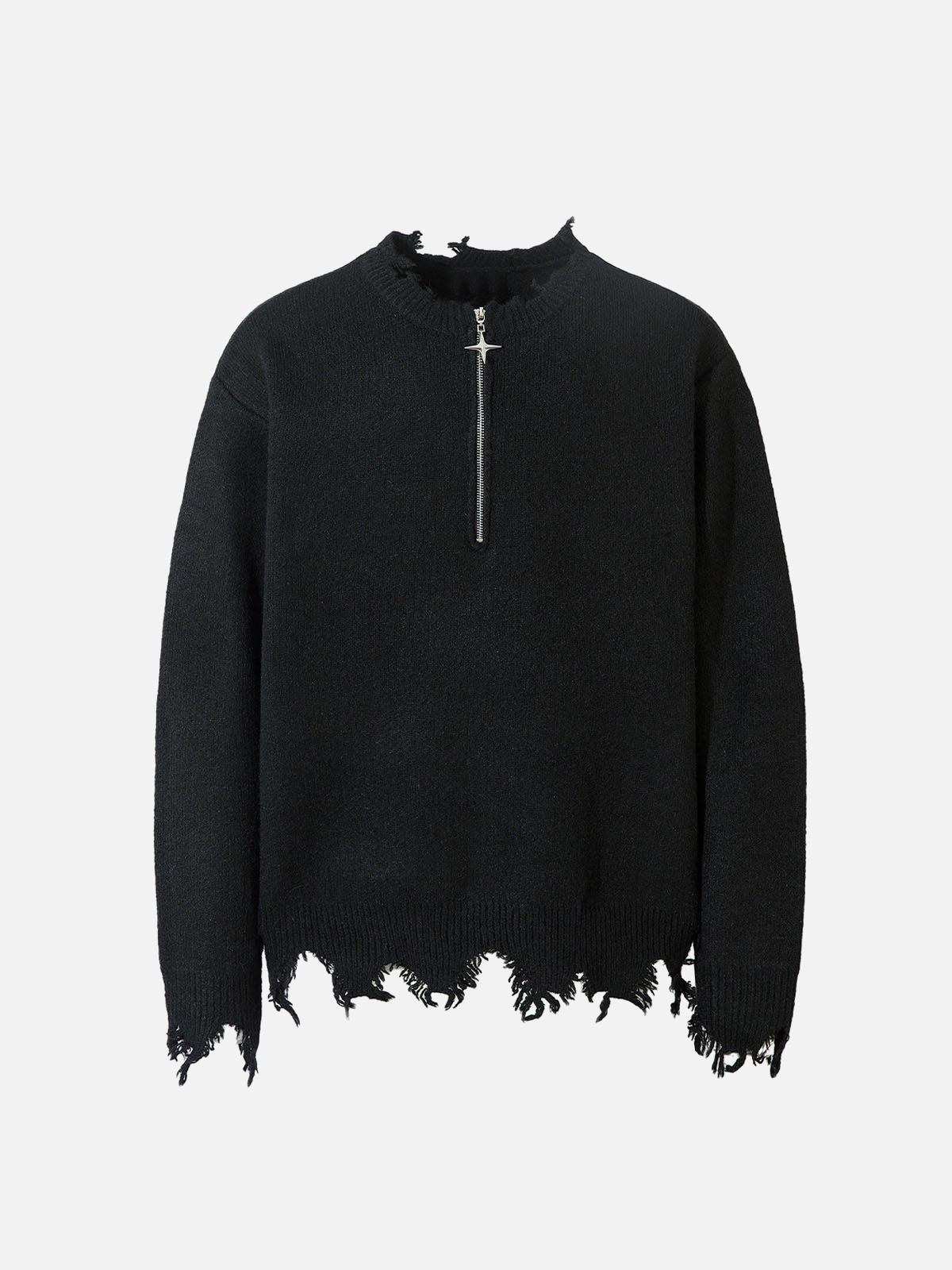 Concert Outfit Distressed Quarter Zip Sweater
