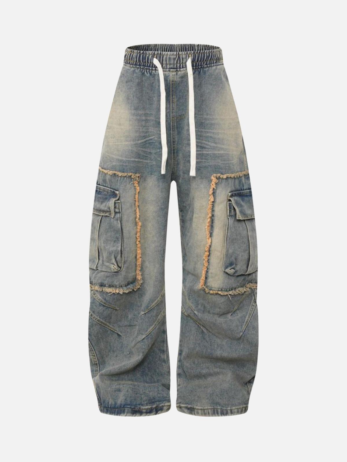 Concert Outfit Distressed Raw Edge Cargo Drawstring Barrel Jeans