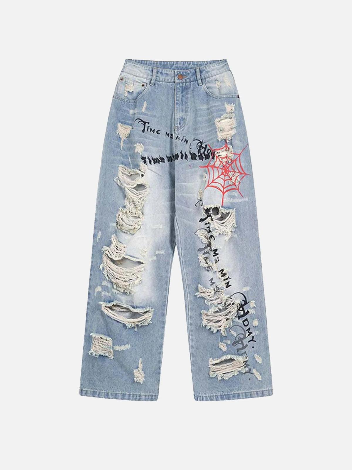 Concert Outfit Distressed Spider Letter Print Jeans