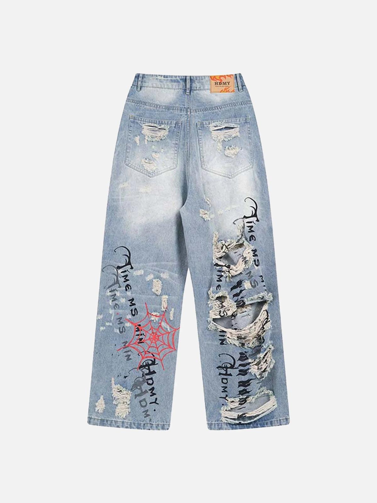 Concert Outfit Distressed Spider Letter Print Jeans