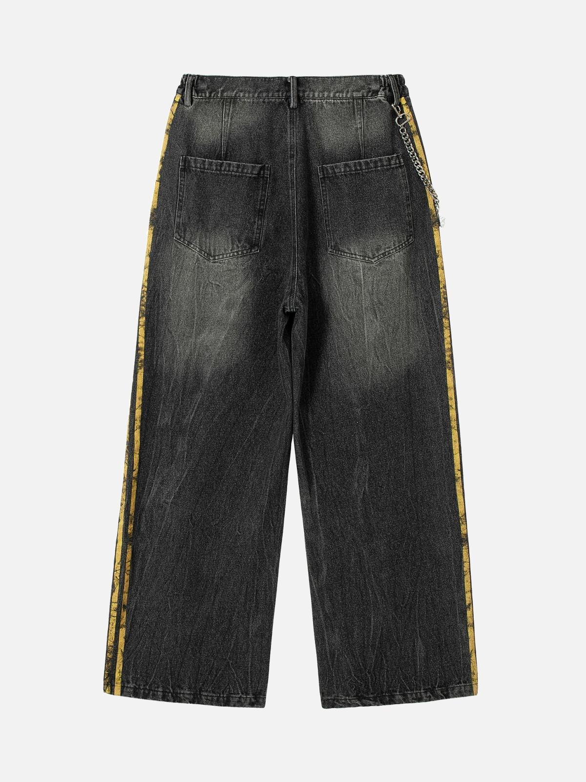 Concert Outfit Distressed Striped Side Chain Patchwork Ripped Straight Jeans