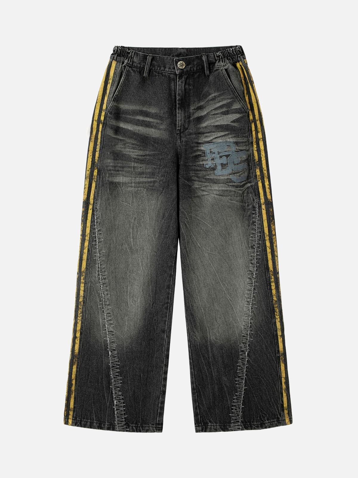 Concert Outfit Distressed Striped Side Chain Patchwork Ripped Straight Jeans