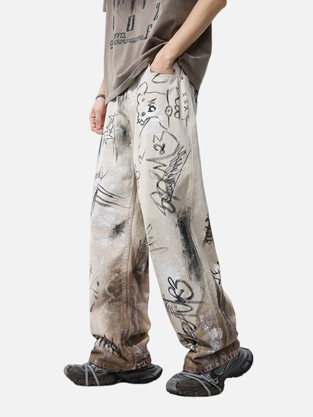 Concert Outfit Distressed Washed Graffiti Baggy Jeans