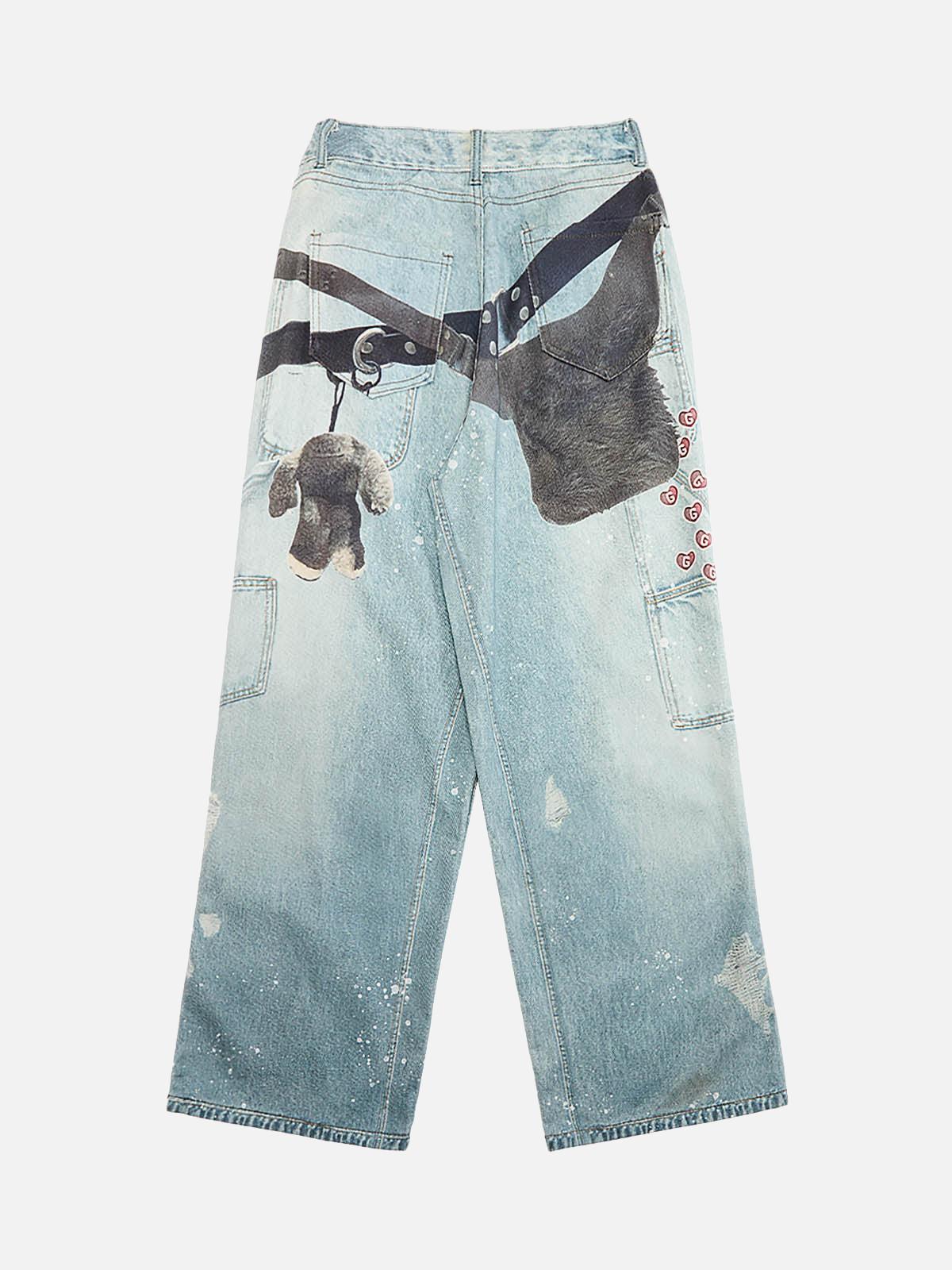 Concert Outfit Distressed Washed Ink-Splashed Chain Print Baggy Jeans