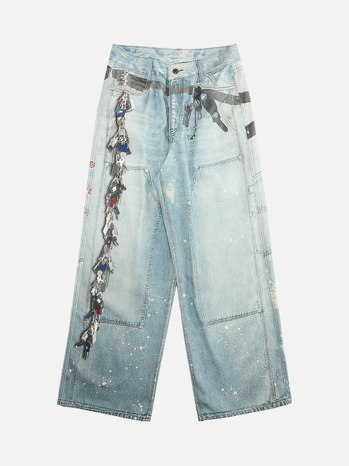 Concert Outfit Distressed Washed Ink-Splashed Chain Print Baggy Jeans
