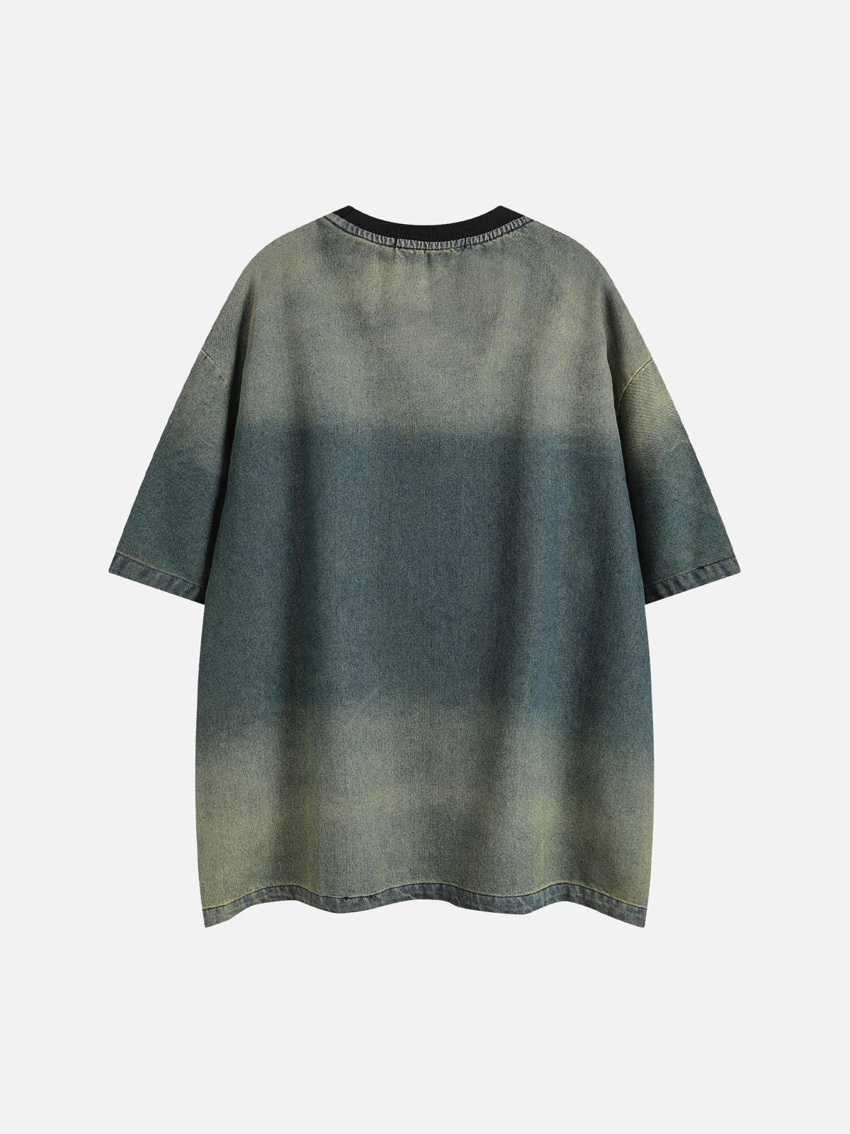 Concert Outfit Distressed Washed Patchwork Gradient Denim T-Shirt