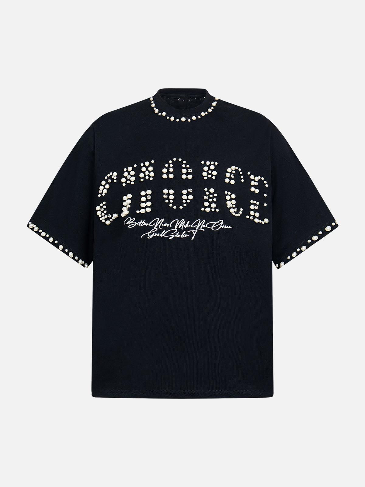 Concert Outfit Elegant Pearl-Embellished Oversized T-Shirt