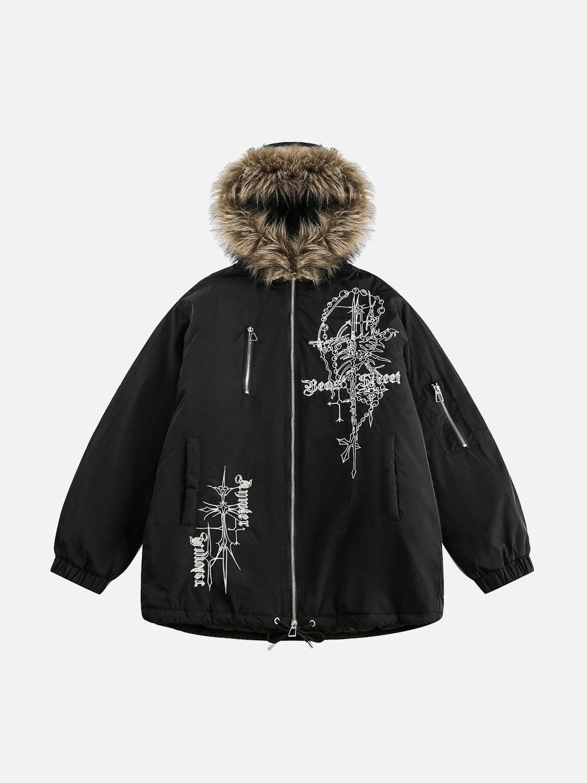Concert Outfit Embroidered Fur Hooded Quilted Jacket