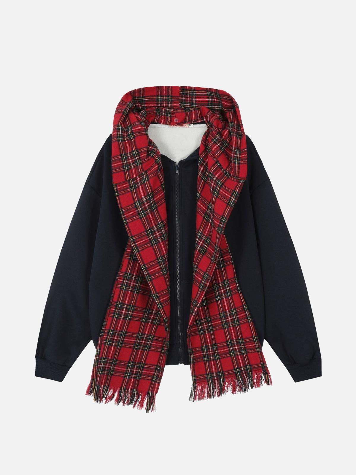 Concert Outfit Fake Two Piece Plaid Scarf Hoodie