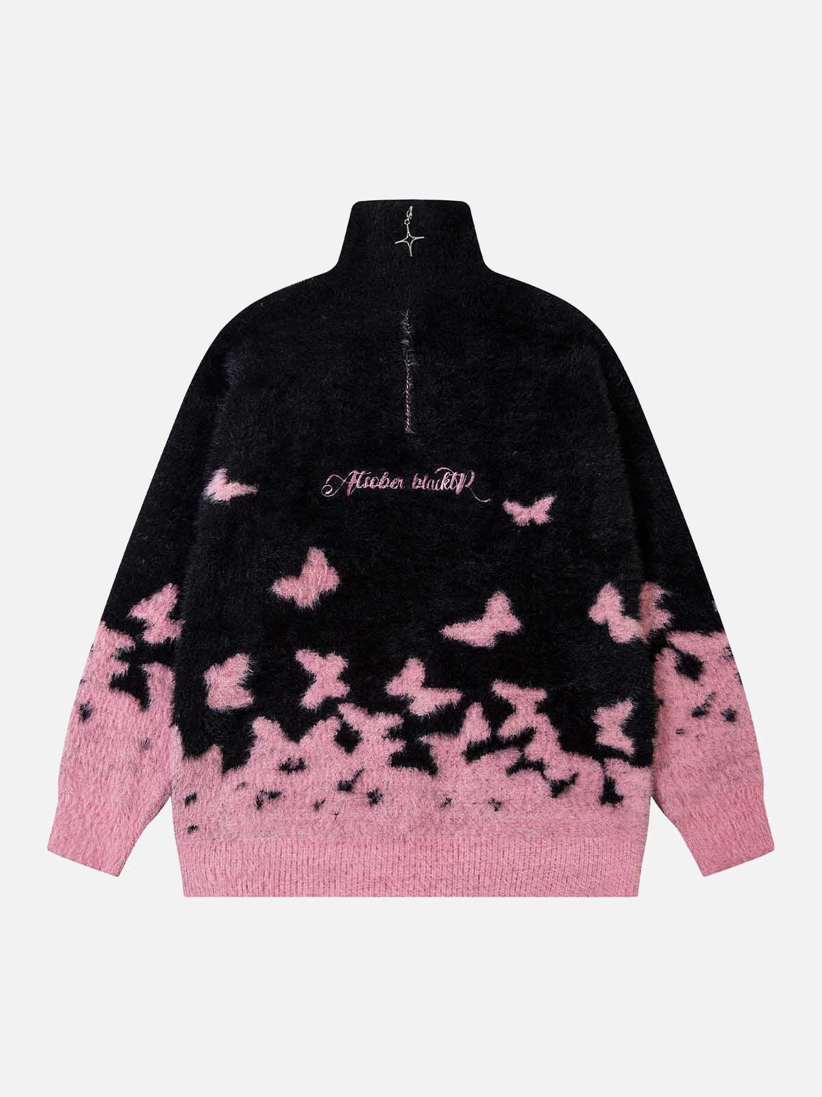Concert Outfit Faux Mink Butterfly Zip Up Turtle Neck Sweater