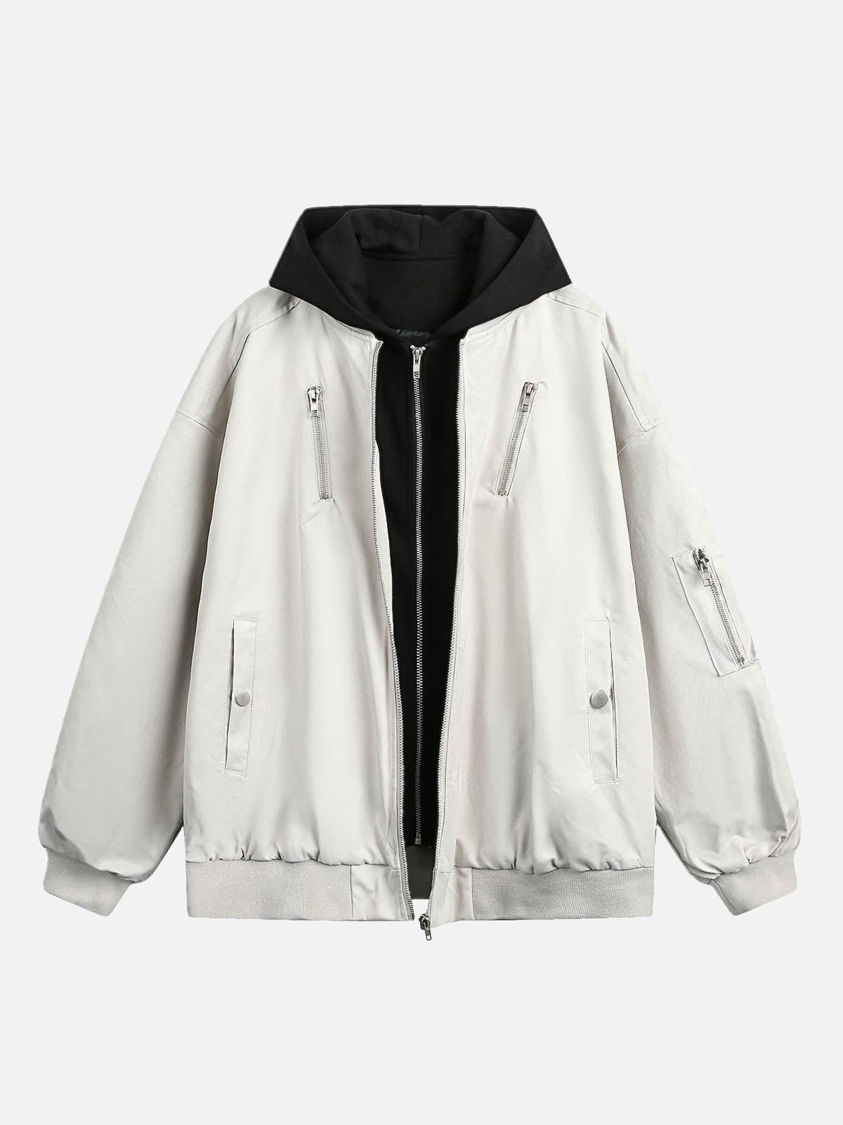 Concert Outfit Faux Two-Piece Multi Pocket Spliced Hooded Bomber Jacket