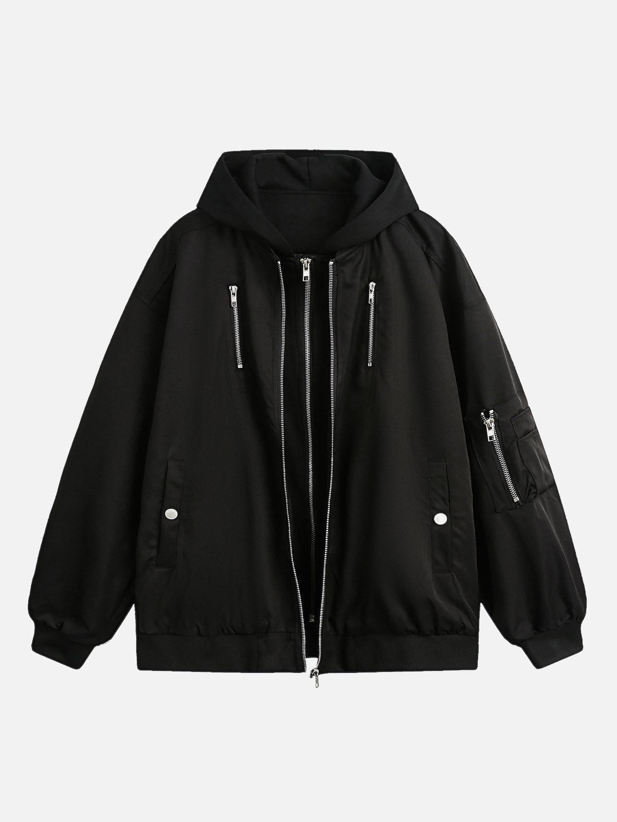 Concert Outfit Faux Two-Piece Multi Pocket Spliced Hooded Bomber Jacket