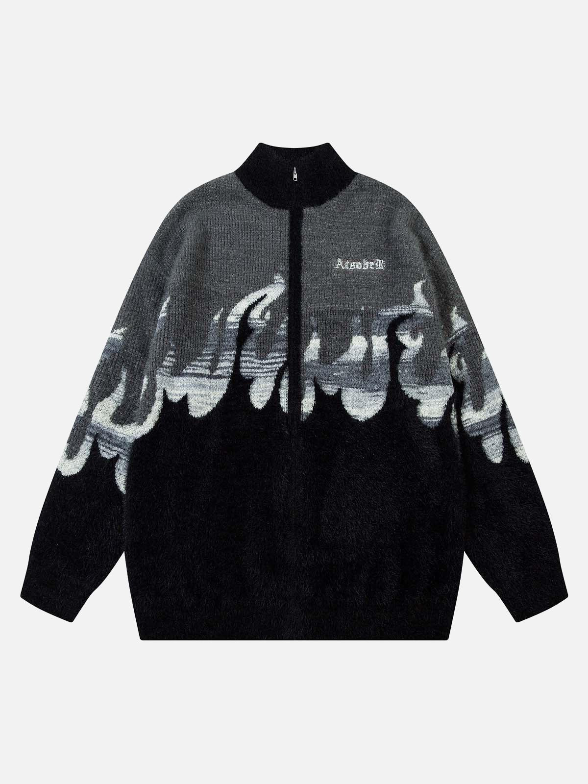Concert Outfit Flame Embroidery Fuzzy Zipper Sweater