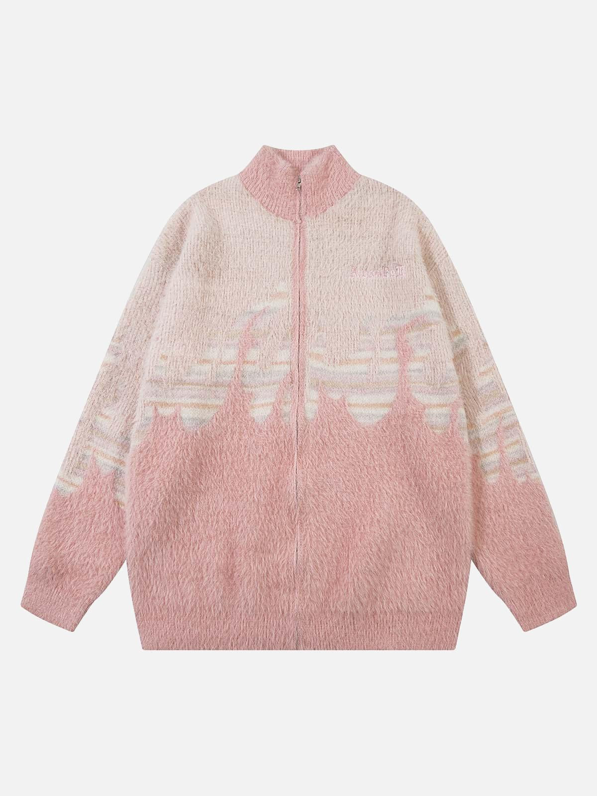 Concert Outfit Flame Embroidery Fuzzy Zipper Sweater